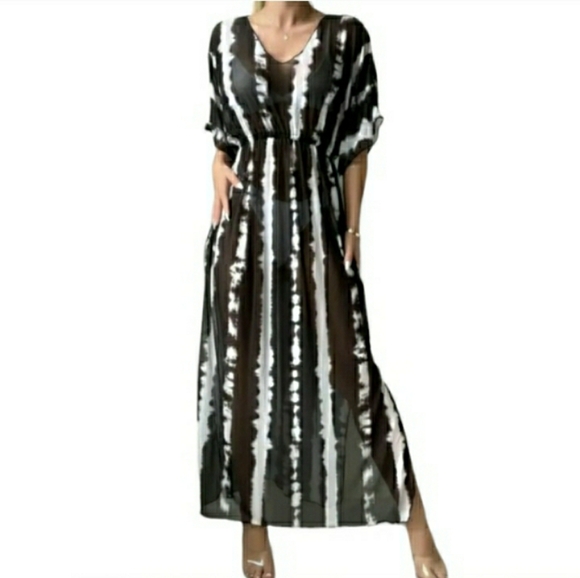 Swim Cover Up Dress Black White Stretch Flattering Semi Sheer 🌞 NEW - Picture 7 of 10